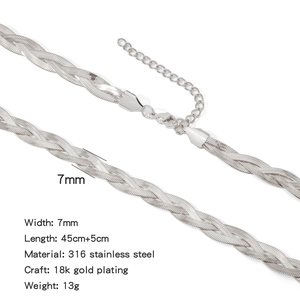 Close-up of 7mm braided stainless steel snake chain with 18k plating and adjustable clasp