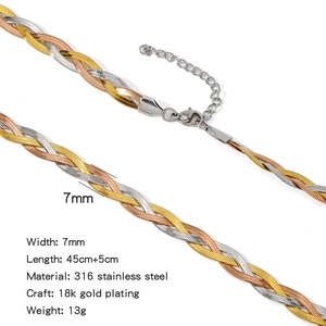 Detailed specs of 7mm tricolor 18k gold plated braided snake chain in 316 stainless steel