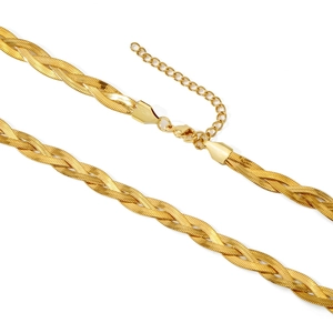 Three-layer gold braided flat snake chain necklace with adjustable lobster clasp