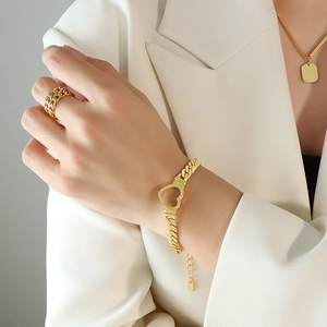 Hollow Heart Bracelet Titanium Steel 18K Gold Plated Cuban Chain Link Trendy Ins Style Hip Hop Jewelry For Women