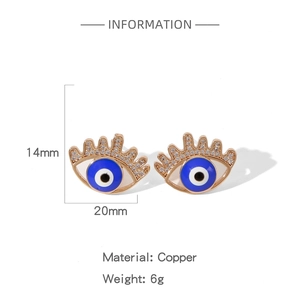 Detail view of evil eye stud earrings in gold plated copper with white cubic zirconia