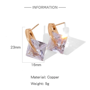 Macro detail showing 23mm height and 16mm width of purple crystal copper stud earrings