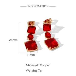 Detailed specs of geometric red gemstone drop earrings in copper with dimensions and weight