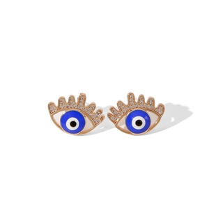Elegant rose gold Evil Eye stud earrings with blue enamel and sparkling crystals