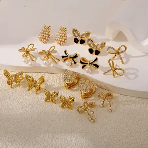 Elegant Copper Zirconia Butterfly Stud Earrings For Women Personalized Artificial Pearl Bowknot Pineapple Decorative Fashion Jewelry