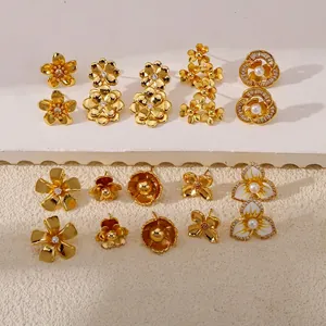 Flower Stud Earrings Copper Gold Plated Artificial Pearl Zirconia Floral Design Fashion Jewelry For Women