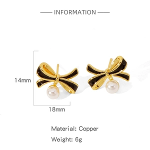 Detailed view of golden butterfly earrings with black enamel, white pearl and dimensions