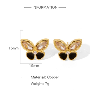 Detailed size chart of gold butterfly earrings with champagne stone in 15mm by 19mm