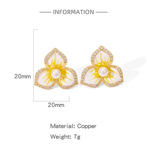 Detail of 20mm copper flower earrings with enamel petals, rhinestones and center pearl