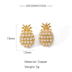 Detailed view of gold copper pineapple earrings with white faux pearls and dimensions