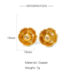 Detailed close-up of 16mm gold floral stud earrings with textured brass petals