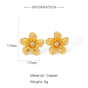 Detail view of 17mm gold flower earrings with pink gemstone inlay and copper material info