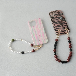 Chic acrylic pearl bead phone chain with marble pattern and colorful decorative beads