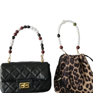 Black quilted bag and leopard print bag with colorful pearl beaded chain handles