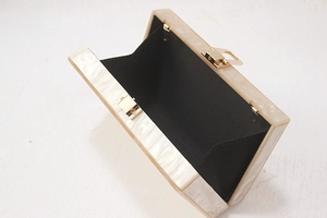 Detail shot of pearl white acrylic evening clutch interior with gold hinge and black lining