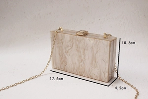 Detailed size chart showing the 17.6cm length of this marble texture acrylic evening clutch