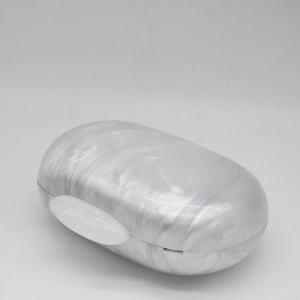 Elegant white marble acrylic clutch bag with modern oval hard shell and secure metal clasp