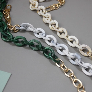 Detail showing acrylic resin chain straps in marble patterns with gold metal clasps