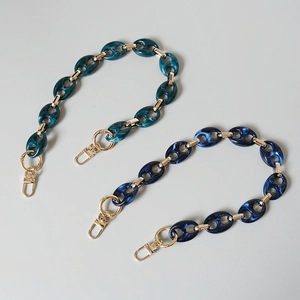 Detail of leopard resin links with gold lobster clasps for detachable bag straps