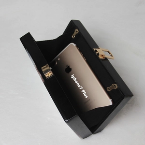 Interior view of black acrylic evening bag showing capacity for a large smartphone