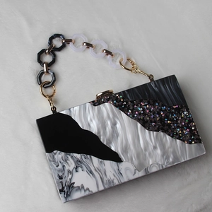 Acrylic marble pattern evening clutch bag with sequins and hexagonal chain strap