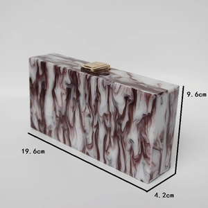 Detail view showing dimensions 19.6x9.6x4.2 cm of marble pattern evening clutch bag