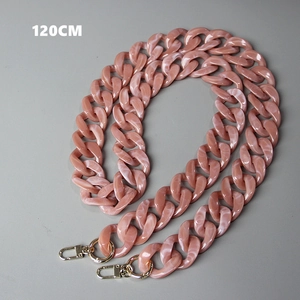 Detail of pink marble acrylic handbag chain with gold hooks and 120cm length marking