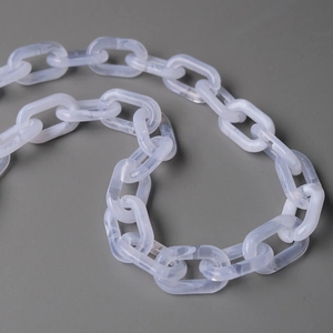 Detail view of acrylic chain strap featuring a marbled white and grey resin texture