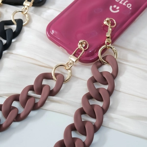 Detail of colorful acrylic resin thick chains and gold metal clasps for bags and phones