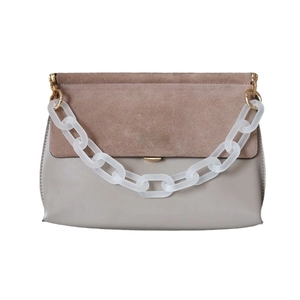 Brown suede and grey leather crossbody bag with chunky white acrylic chain strap