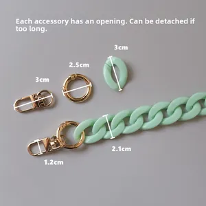 Detail of mint green acrylic chain with gold metal clasps showing detachable open links