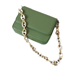 Dark green matte leather shoulder bag with vintage acrylic marble and gold chain strap