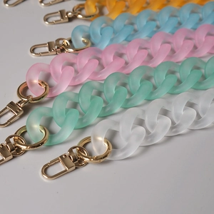 Detail view of colorful acrylic bag chains with gold lobster clasps and matte resin links