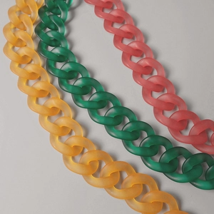 Detail showing matte orange green and pink thick resin chains for bag decoration