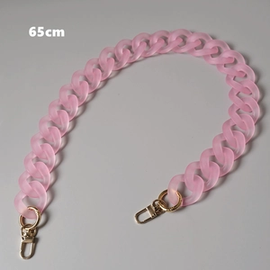 Close-up of 65cm matte pink resin chain strap with gold lobster clasps and metal rings