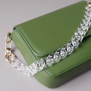 Détail d'un sac à main vert avec grosse chaîne acrylique transparente et boucles dorées