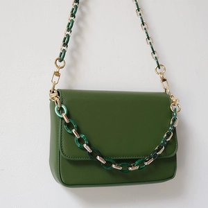Dark green acrylic resin chain crossbody bag with sleek faux leather and gold metal accents