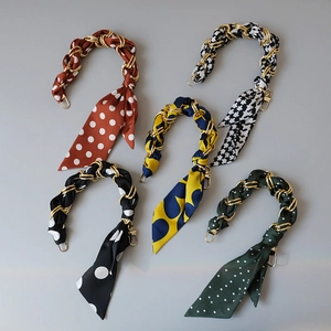 Five assorted silk scarf handbag short chains with gold metal links for fashion bags