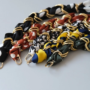 Silk scarf handbag chain straps in assorted patterns with polished gold metal rings