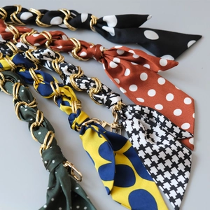 Silk scarf woven chain strap for handbags with gold metal hooks in five colorful patterns