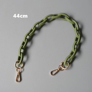 Detail of 44cm olive green acrylic resin bag strap with golden metal lobster clasps