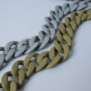 Close-up of matte resin chunky chain links in olive green and light grey for handbags