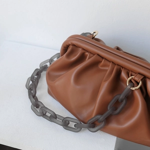 Vintage brown pleated leather bag featuring matte grey acrylic resin chain strap