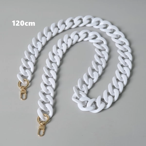 Detailed view of a 120cm white acrylic chain strap with gold-tone metal lobster clasps