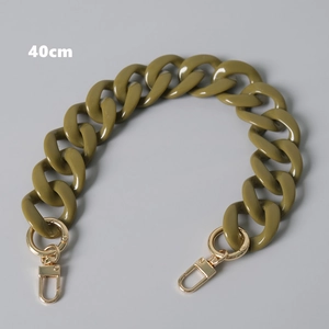 Detail of 40cm olive green acrylic resin bag strap chain with gold metal lobster clasps