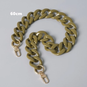 Close-up of 60cm olive green resin acrylic chain strap with gold lobster clasps