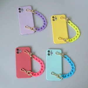 Detail of colorful acrylic resin chain handles on silicone phone cases for iPhone