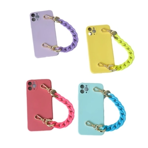 Colorful acrylic fishbone phone cases with chain straps in purple, yellow, pink, and blue colors