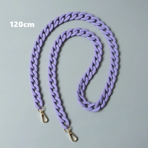 Detail of 120cm purple acrylic chain strap with matte finish and gold lobster clasps