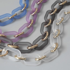 Frosted acrylic bag chain straps in blue purple gray and white with gold metal rings